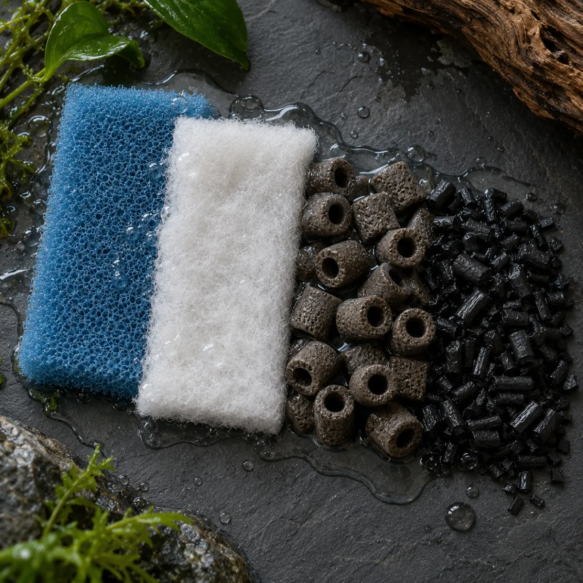 Layered aquarium filter media: coarse foam, poly fiber pad, ceramic rings and activated carbon