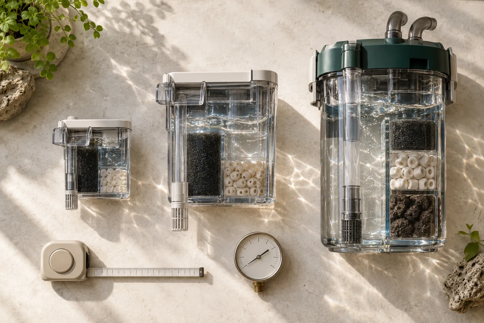 Fish tank filter comparison chart of GPH, tank size fit and noise level