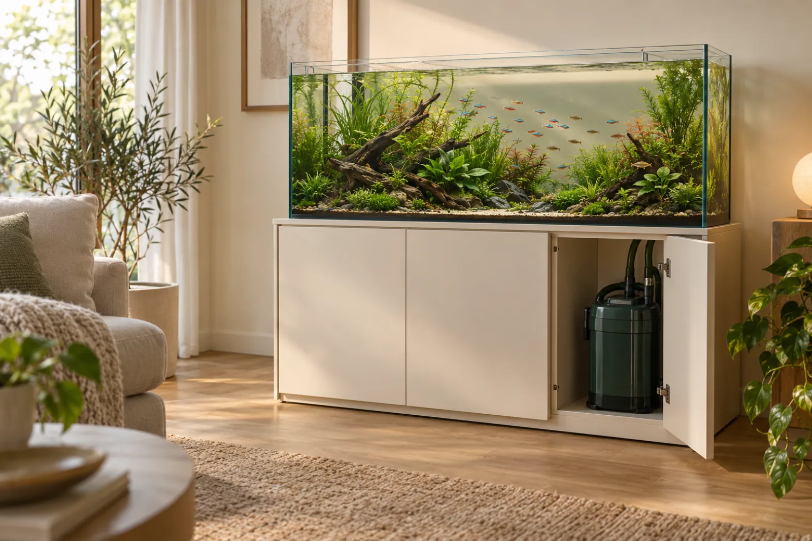 Quiet external canister filter running beneath a clear, healthy community aquarium