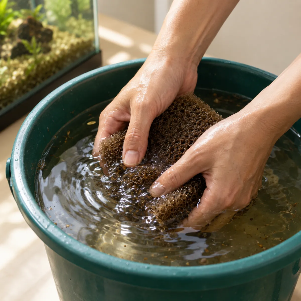 Fishkeeper rinsing an aquarium filter sponge in a bucket of old tank water