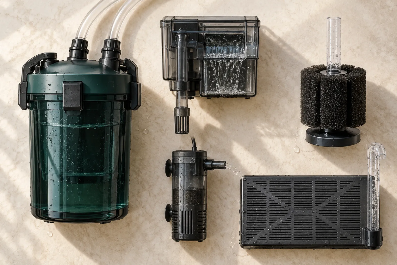 Diagram comparing canister, HOB, sponge, internal and undergravel aquarium filter designs