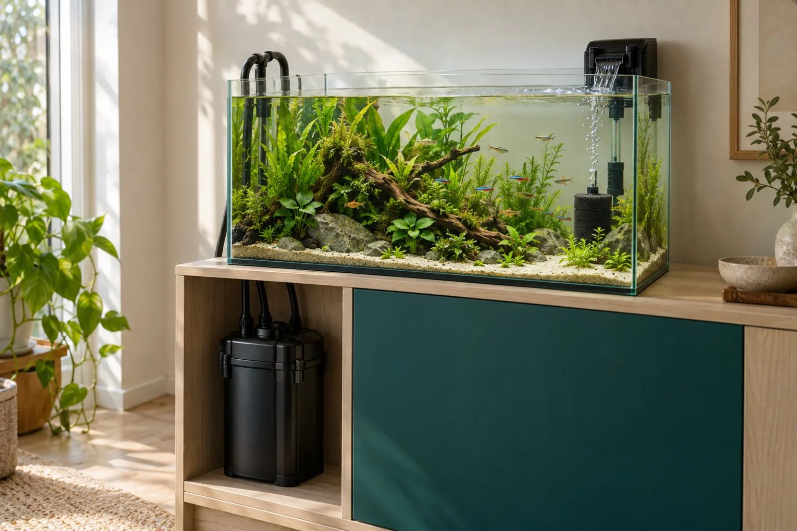 Canister, hang-on-back and sponge aquarium filters lined up beside a clear planted freshwater tank