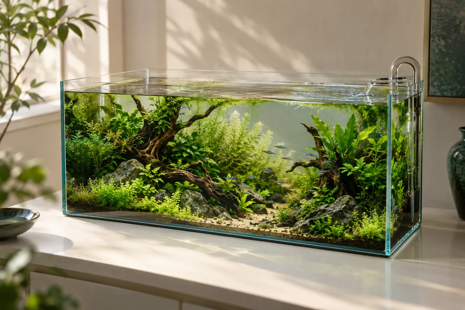 Planted aquascaping tank with a lily pipe outflow from an external filter