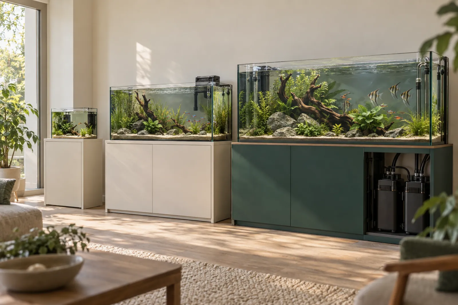 Nano, 55 gallon and 125 gallon aquariums side by side to show filter sizing by tank size