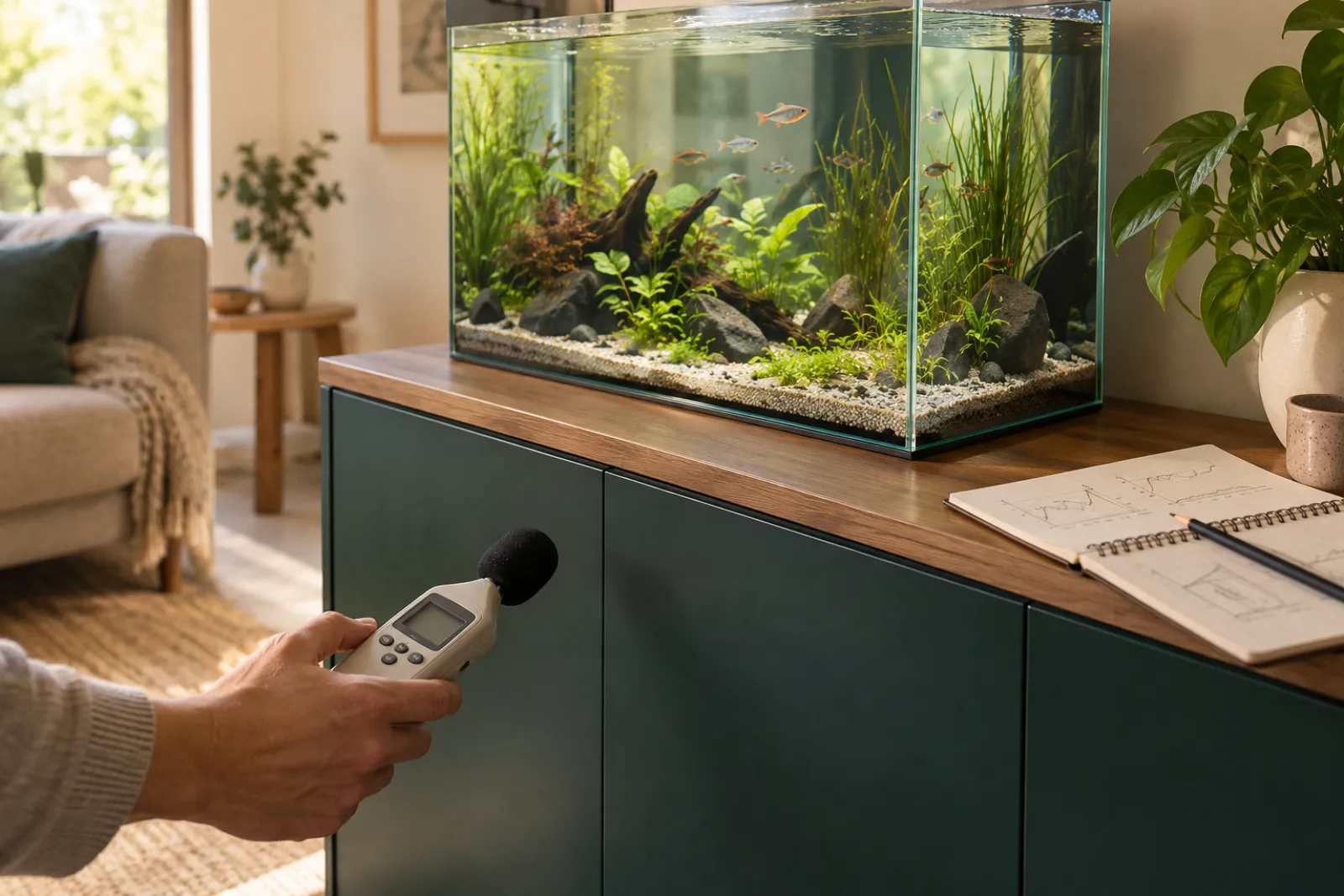 Measuring aquarium filter noise in decibels with a sound meter next to a fish tank cabinet