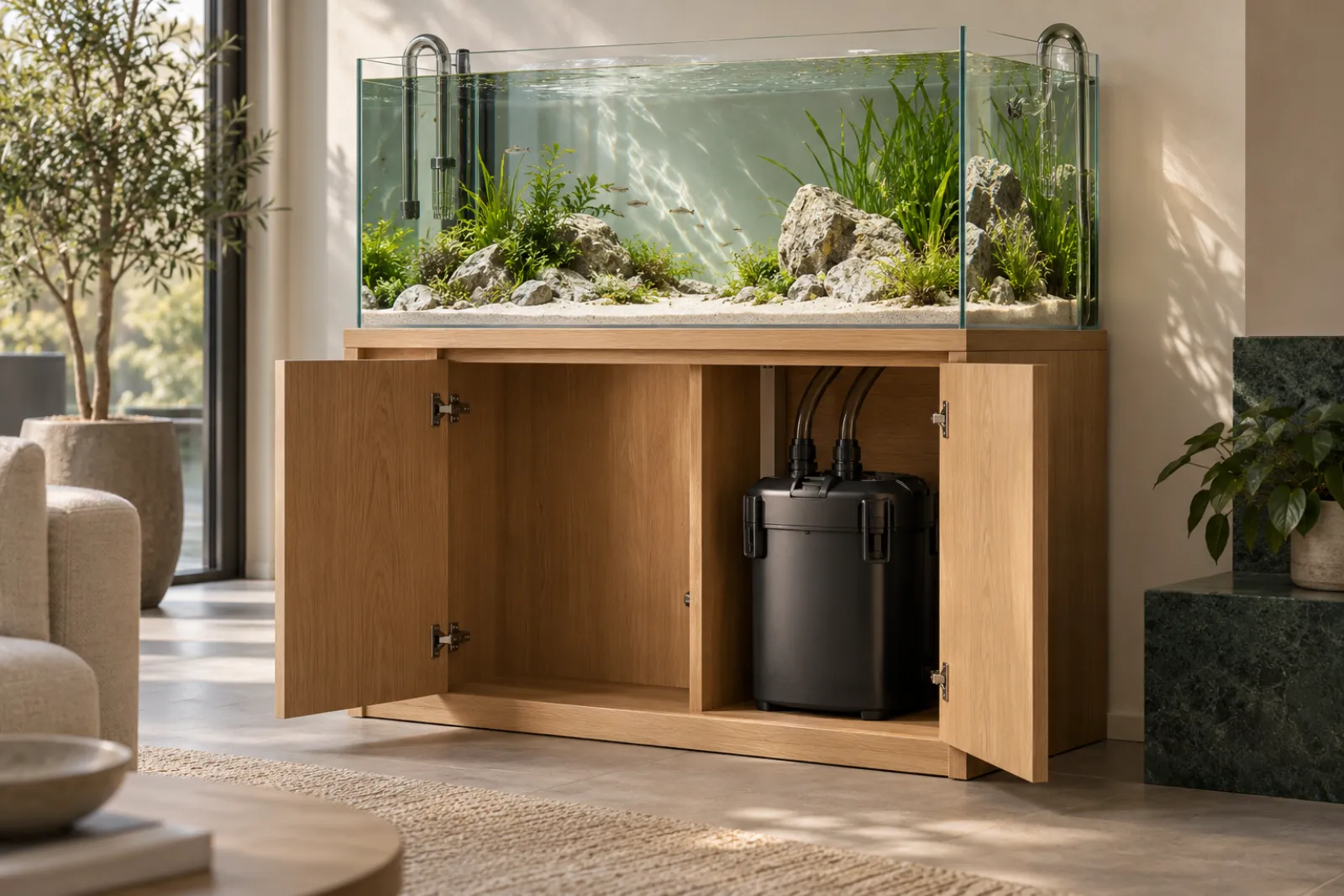 External canister filter installed in an aquarium cabinet with hoses running to a large tank