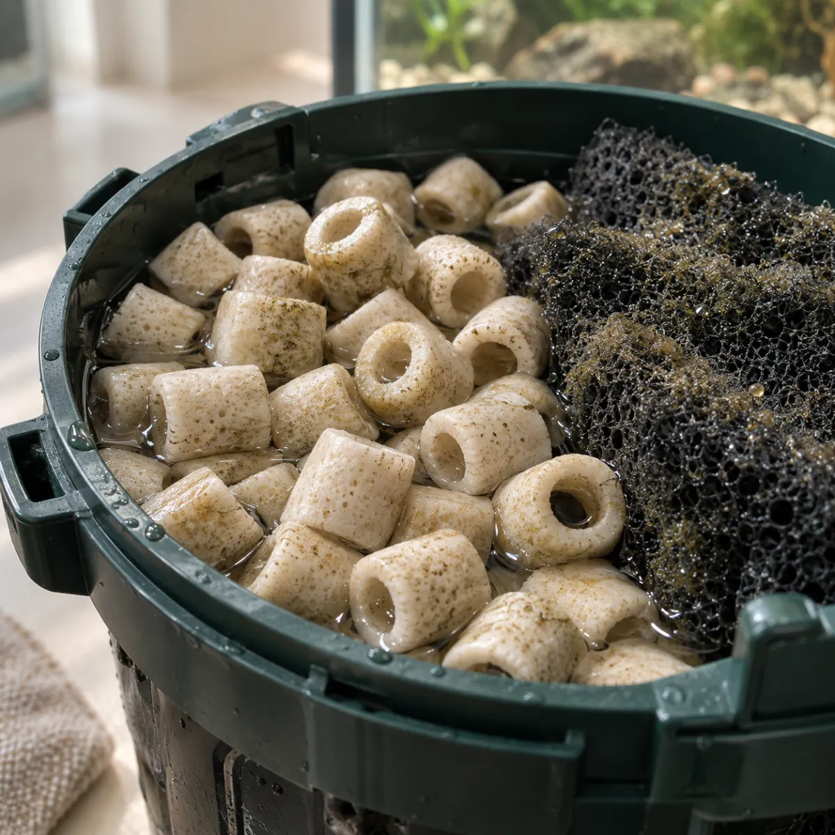 Close-up of biological filter media colonized with beneficial bacteria in an aquarium canister tray